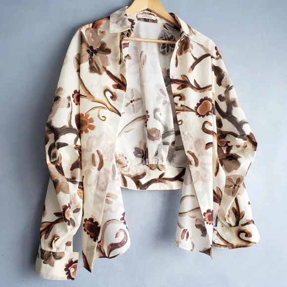 DOROTHEE SCHUMACHER ABSTRACT FLORAL NEUTRAL HIGH, LOW BLOUSE SIZE S/M - Picture 15 of 16